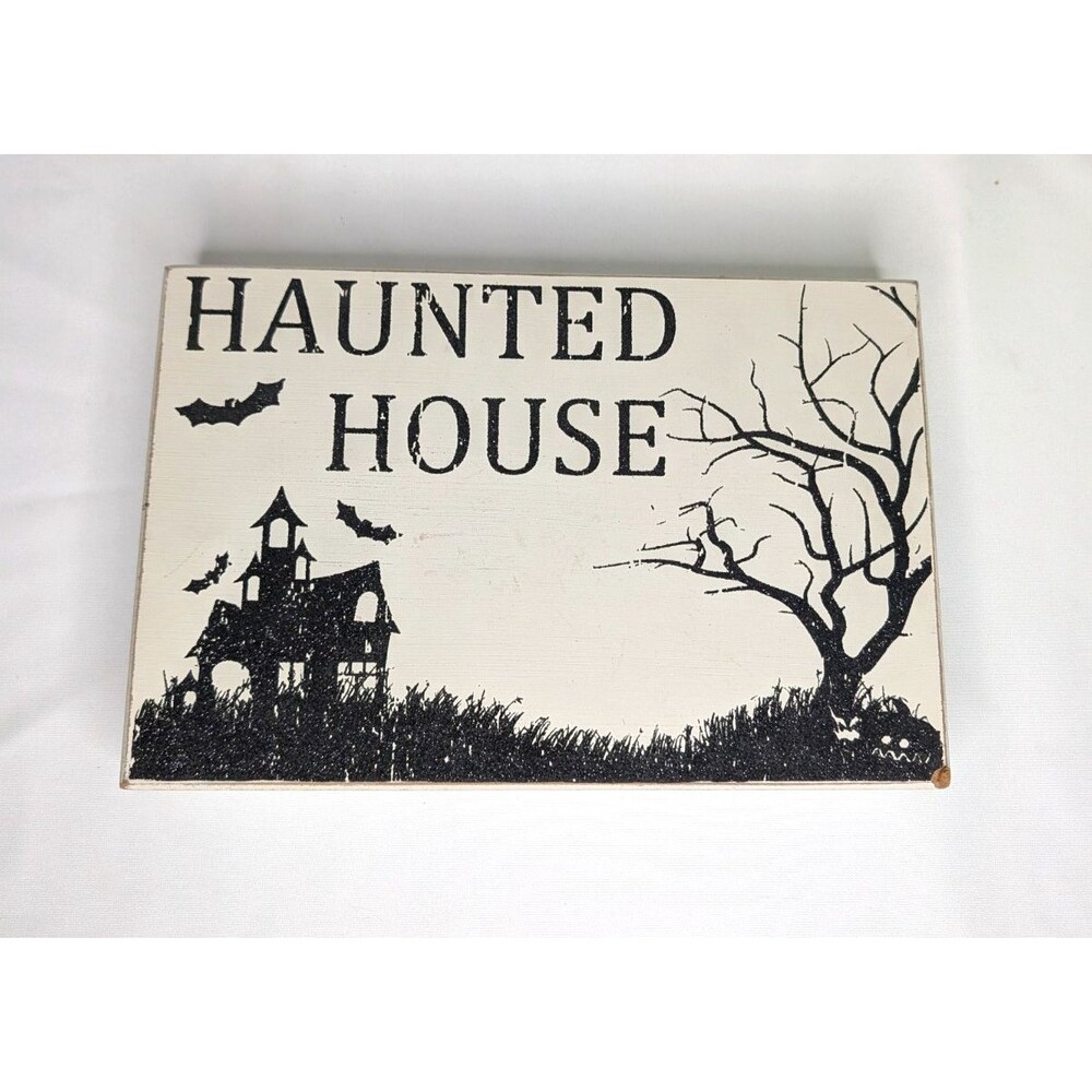 Haunted House Halloween Wall/Shelf Vintage Style Wood Sign - Ivory & Black